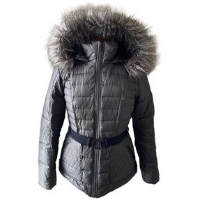 The NORTH FACE 600 Goose Down Belted Fur Hooded Full Zip Grey Jacket Womens M
